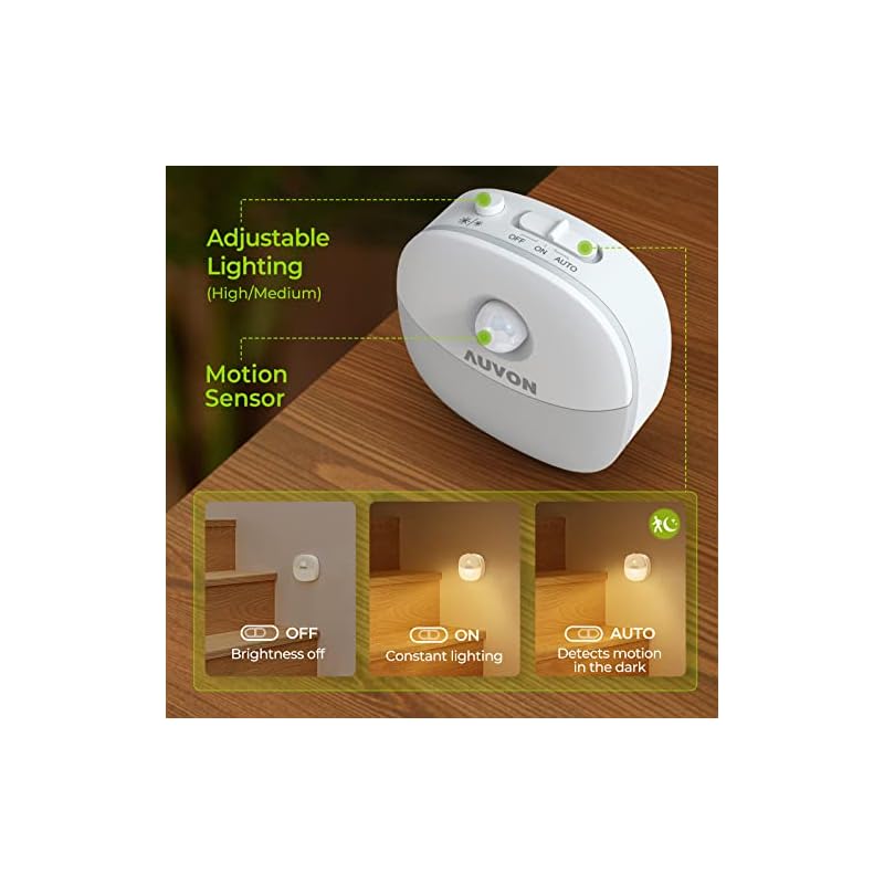 AUVON Rechargeable Battery Night Light, Mini with Motion Sensor, Warm White LED Stick-On Closet Light with Dusk to Dawn Sensor, Adjustable Brightness for Wall, Stairs, Hallway, Cabinet (2 Pack) - Image 4