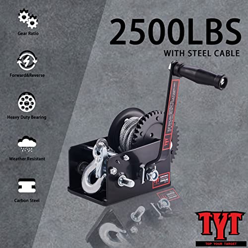Tyt 2500Lb Boat Trailer Cable Winch With Heavy Duty Hook, 26Ft Steel Cable Hand Crank Winch, Two Way Ratchet Ratio 4:1/8:1 Manual Gear Winch For Towing Pulling Boat Trailer Truck Rv Atv Jet Ski Winch… #TOP6