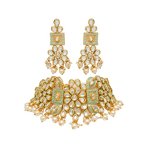 Azai By Nykaa Fashion Stylish Gold Green Kundan & Meenakari Necklace & Earrings For Women & Girls | Wedding Collection For Bride And Bridesmaid Set