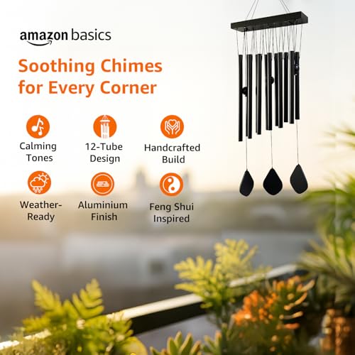 Image of Amazon Basics Premium Aluminium Wind Chimes for Home, Balcony & Garden |Soothing Melodic Sound | Decorative Hanging Gift | Color: Black | Material: Aluminum | Size: 62L x 20 W x 5.5H cms