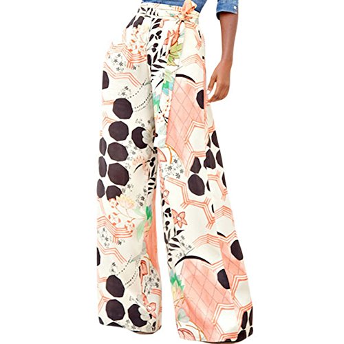 LOSRLY Women Floral Print High Waist Belt Palazzo Wide Leg Boho Pants Plus Size-Orange XL 16 18