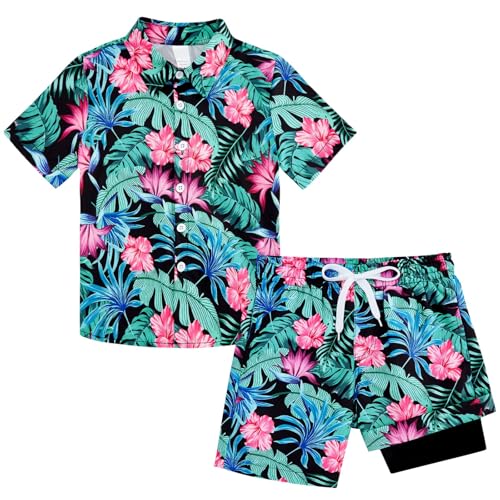 Image of UNICOMIDEA Boys Hawaiian Outfits Tropical Print Button Down Shirt + Swim Trunks 2 Piece Sets for 5-12T Kids