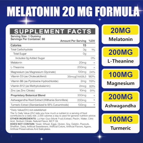 Image of Maennyliy Melatonin 20mg Gummies for Adults - Sugar Free Melatonin Gummies Extra Strength with L-Theanine, Magnesium, Ashwagandha, Turmeric, D3 & Zinc - Non-Habit Forming
