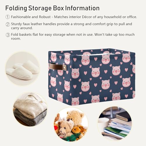 Image of Aslsiy Storage Basket Pink Pig Face Hearts (2) Nursery Bins Baby Canvas Box Clothes Shelf Basket Laundry Hampers 1 Pcs