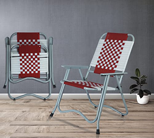 Image of ARTEMIST Foldable Stripe Chair with Arm Rest Portable Chair with Durable Folding Frame, Ideal for Garden, Patio, Lawn, Balcony (Red,Chromium Steel)