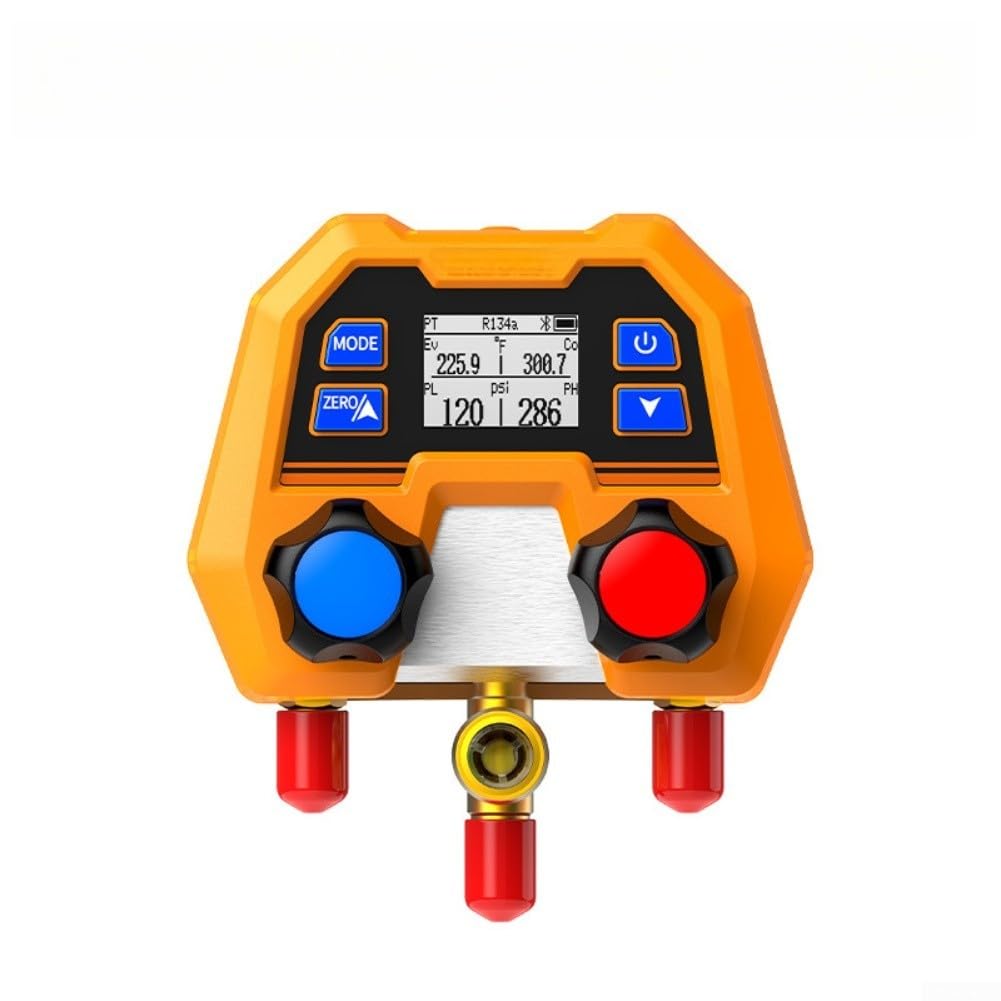 Medidor digital de fluoruro HVAC herramienta para reparación de CA, lector preciso de temperatura de presión, cuerpo de metal de doble válvula, color naranja, 110 x 75 x 135 mm