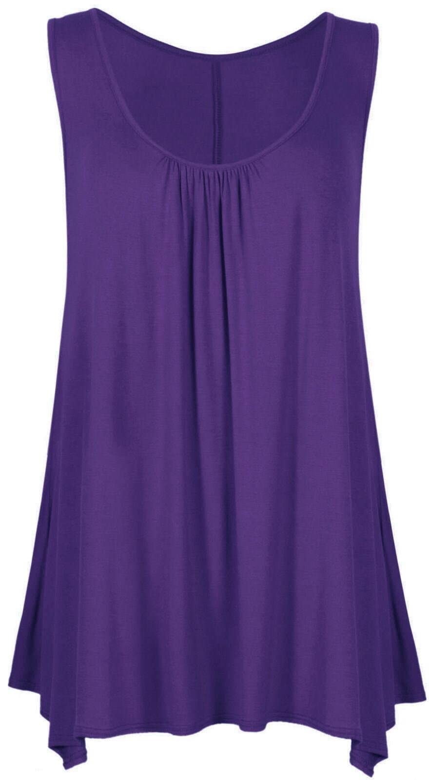 Crazy Girls Womens Gathered Round Neck Stretch Swing Long Vest Flared Hanky Top (3XL, Purple Plain)