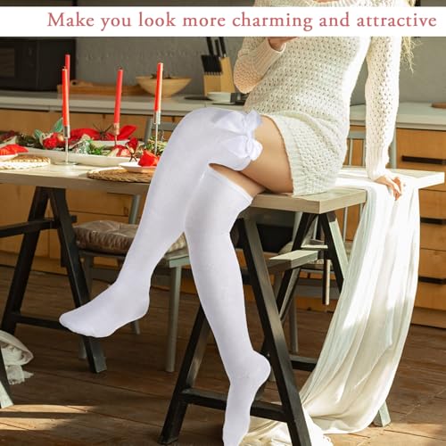 Image of Women's Cotton Opaque Knee High Socks Smooth Edge Bow Socks Cute Soft Knee Uniform Dress Sock with Bow Lolita Gothic (White)