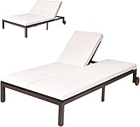 Tangkula 2-Person Outdoor Rattan Lounge Chair Double Wicker Chaise Daybed with Adjustable Backrest, Wheels & Cushions - Cream Patio Loveseat