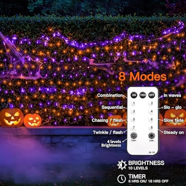 suddus 360 LED Halloween Net Lights, 12ft x 5ft String Lights with Remote, Waterproof Connectable Green Wire for Bushes, Trees, Halloween Decoration, Indoor Outdoor Party Yard Garden, Purple & Orange