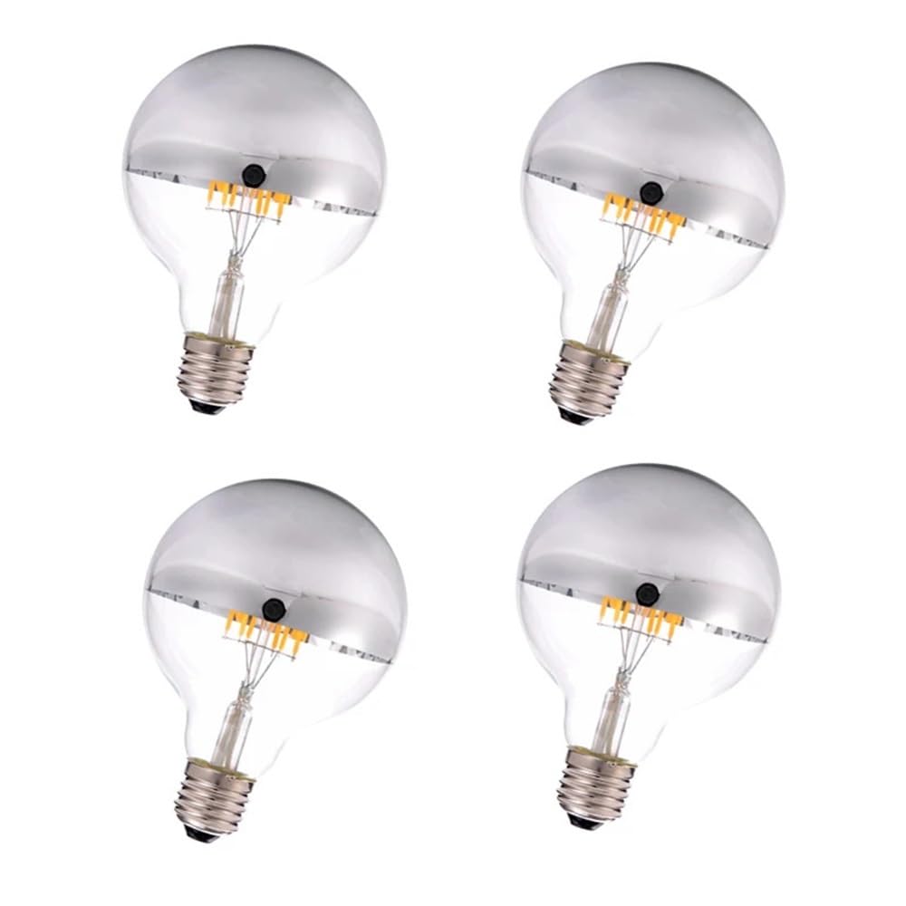RZL Lighting, Paquete de 4, bombilla de filamento LED COB E27 AC220V 6W G95 lámpara de globo LED 2700K lámpara de espejo LED plateada regulable