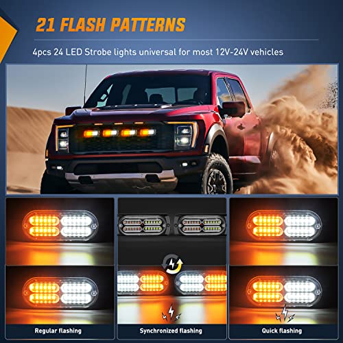 Image of Nilight 4PCS 24LED Emergency Strobe lights 12V 24V Amber White Surface Mount Grille Hazard Safety Warning Lights Sync Feature Side Flashing Marker Flash for Car Truck Campers