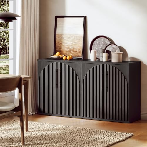 Image of 31.5 inch Buffet Cabinet with Storage, Fluted Sideboard Cabinet with Arched Doors & Adjustable Shelves, Credenza Accent Cabinet Console for Dining Room, Living Room, Entryway