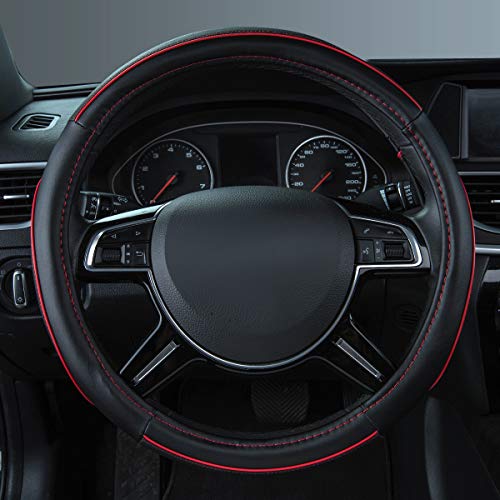 Car Pass Colour Piping Leather Steering Wheel Cover,Perfectly fit for 14.5-15 inches for Various Vehicles SUVs,Vans,Sedans,Cars (Black & Red) by CAR PASS - Image 3
