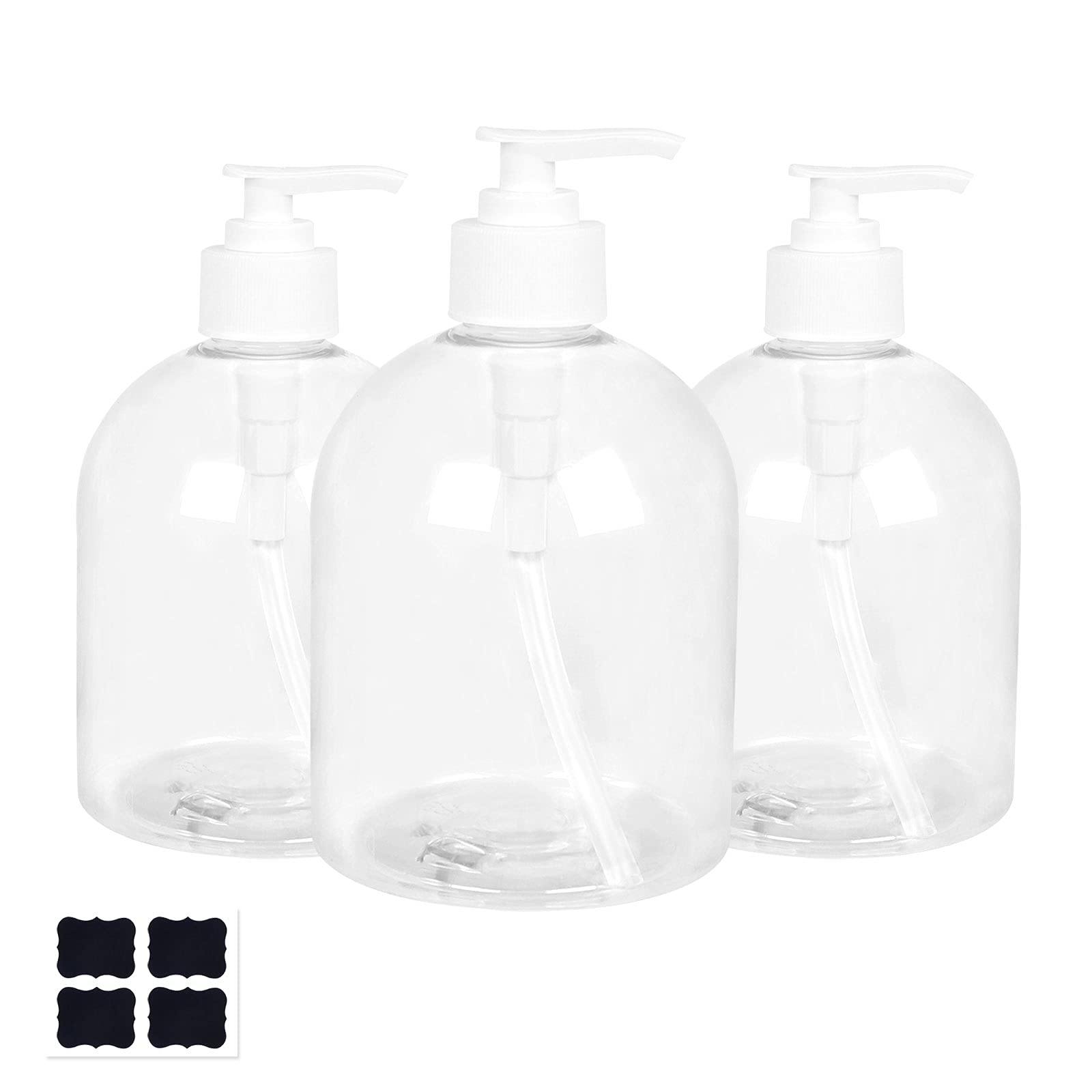 Yishik16oz Clear Empty Plastic Shampoo Pump Bottles,3 Pack 500ml Refillable Cylinder Bottle for Shampoo,Lotions,Conditioner & Wash Shower Dispenser(4 Labels as gift)
