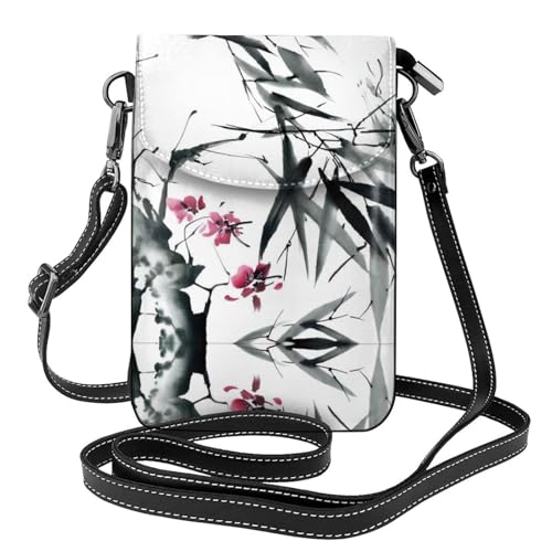 Sac à bandoulière en cuir à motif fleurs de cerisier et bambou avec portefeuille intégré