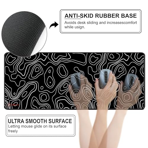 Image of Black Contour Line Mouse Pad 12x32 Inch 3mm Extended Gaming Desk Mat with Anti-Slip Rubber Base Mousepad for Smooth Surface Desk pad for PC & Laptop Use Waterproof & Stiched (Black /White)Deskpad