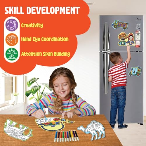 Image of SparkLPlay DIY Craft Kit for Kids Coloring Set with 6 Fridge Magnet Cutouts, 10 Color Pens. Mess Free. Gift for Kids. (Indian Art Forms)