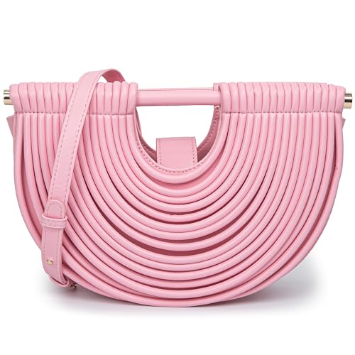 Image of Trendy Woven Evening Clutch Purse Half Round Designer Shoulder /Crossbody Bag Top-Handle Satchel Handbags