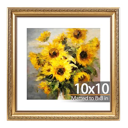 JCJMY 10x10 Vintage Picture Frame with 8x8 Mat Elegant Retro 10 by 10 Photo Frame with Shatter-Resistant Plexiglass for Wall or Tabletop Display Gallery Decor & Gift Gold 1 Pack