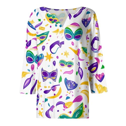 Mardi Gras Shirts for Women Sequin Bling Glitter Carnival Outfits 3/4 Sleeve Button Henley V Neck Shirts Tunic Tops3