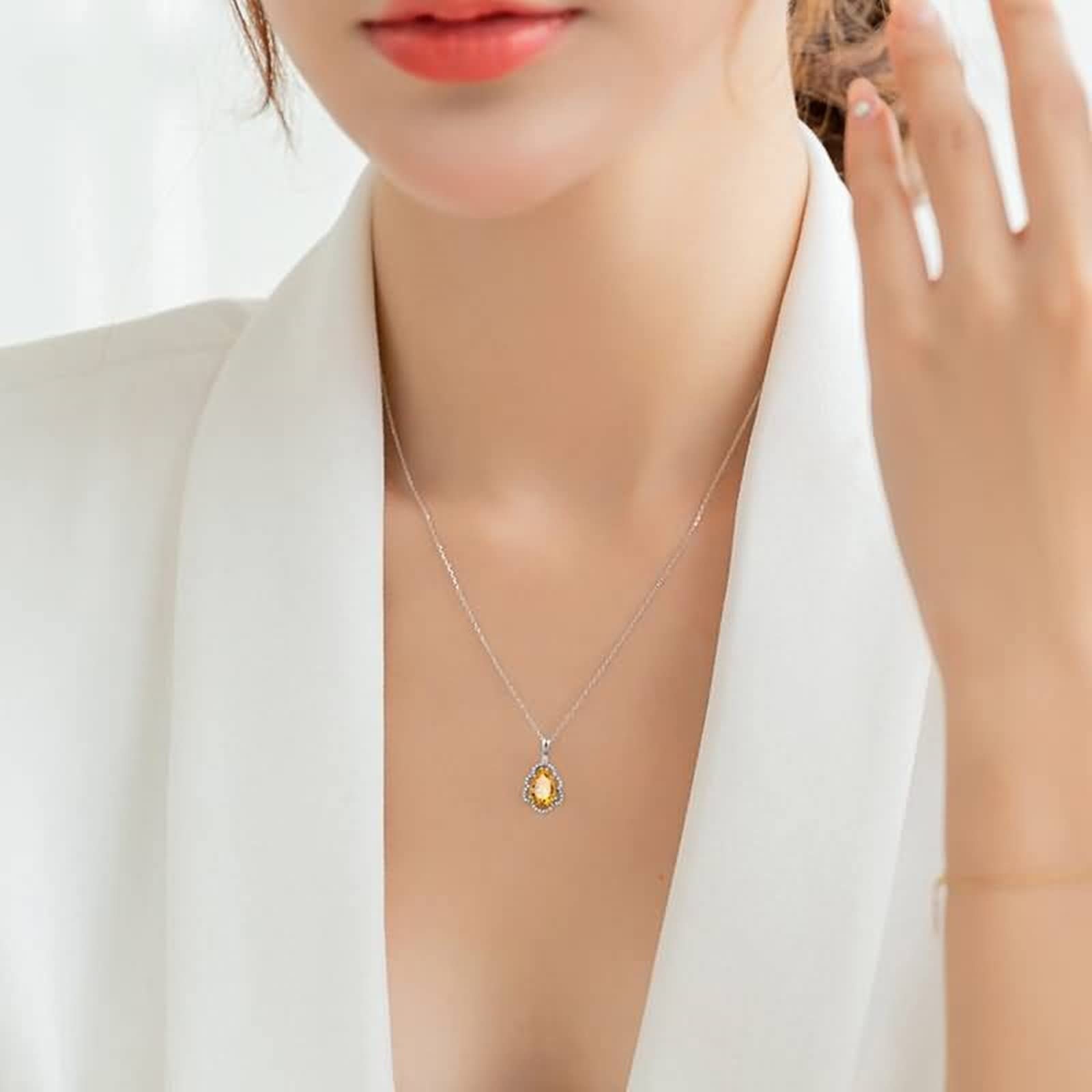 Ciondolo per Collana Oro Bianco Vera, Collana Donna Elegante da Matrimonio con Citrino 3 Carati e Diamante Sintetico, Gioielli con Pietra del Mese di Nascita