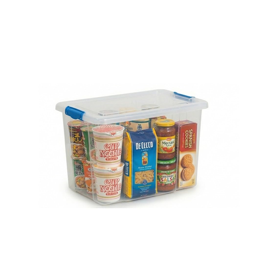 Organized Clear Plastic 50L Storage Box With Blue Clip-On Lid – Heavy Duty Stackable Storage Container For Home, Office, Kitchen, Garage & Closet Organisation (1)
