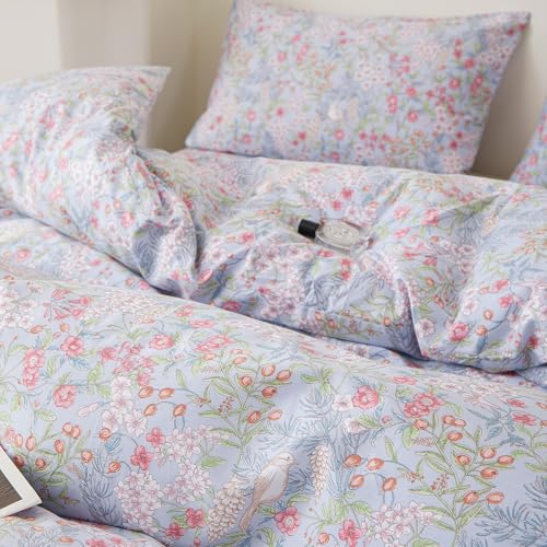 Image of Blue Floral Full Size Comforter Set Vintage Botanical Flowers Bedding Set | Aesthetic Birds Flowers Cottagecore Comforter Lightweight Soft Coquette Bedding Comforter with 2 Pillowcases