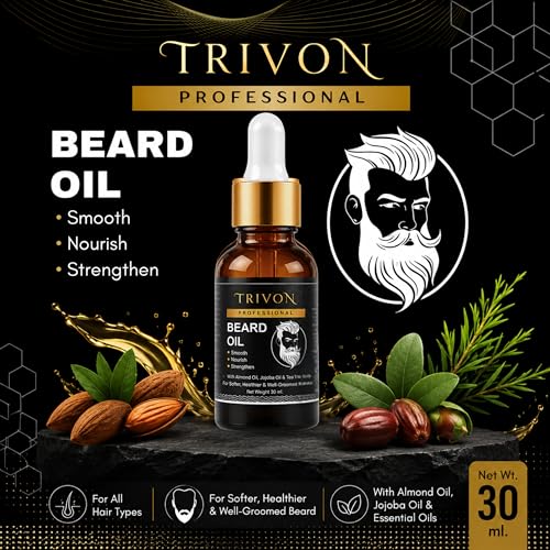 Image of Trivon Professional Beard Oil with Almond Oil, Jojoba Oil & Tea Tree, Smooth, Nourish, Strengthen, 30ml