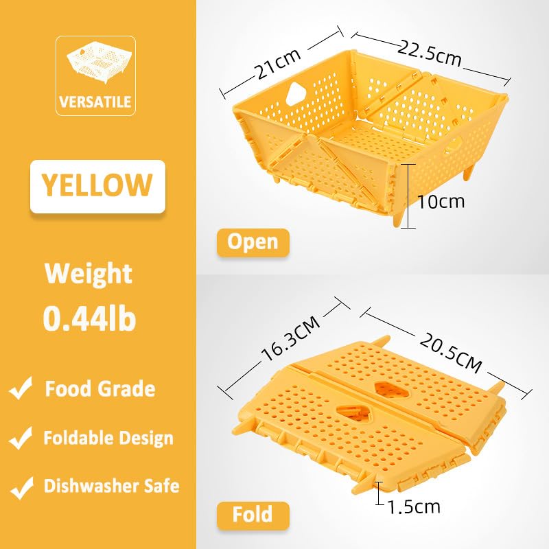 Collapsible Strainer and Colander Designed for Kitchen, Foldable Storage Basket for Space Saving, Dishwasher Safe, BPA-Free, Plastic Multifunction Sink Drainage Basket for Fruit Vegetables (Yellow)