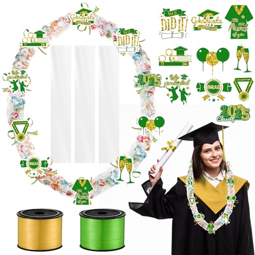 yesaior 60 Sets Graduation Candy Lei Making Kit, 2 Rolls Ribbons 60 Pcs Clear Poly Tubing Bags and 60 Pcs Paper Cut, 2026 Graduation Lei Making Kit, 2026 Party Supplies (Green Gold)