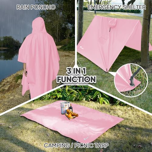 Image of PTEROMY Hooded Rain Poncho for Adult, Waterproof Lightweight Unisex Raincoat for Hiking Camping Emergency