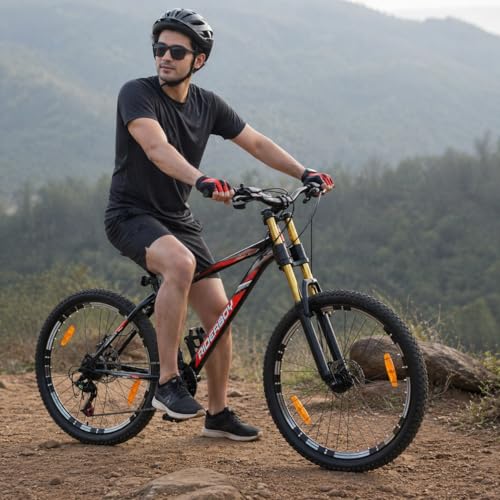 Image of RIDERBOY Double Crown Suspension 26T | 21 Gear Cycle for Men | Strong Steel Frame & Dual Disc Brakes with Mega Hub | MTB Bicycle for Off-Road & City Riding Ideal for 13+ Yrs - Black