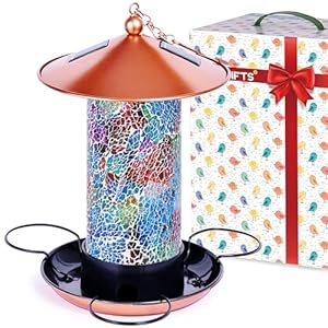 XDW-GIFTS Mosaic Solar Wild Bird Feeder, Waterproof Lantern Shape with S-Hook & 4 LED Lights, Garden Decor for Lawn, Patio, Balcony, Yard Ornament – Unique Gifts for Mom, Women, Grandma, Bird Lovers