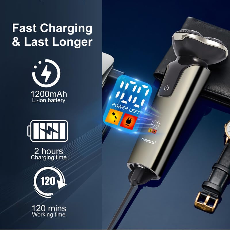 Image of SOLIMPIA HT-925 Cordless Rechargeable Waterproof 3 Head Electric Shaver Wet & Dry Rotary Shavers for Men Super-Fast Charge 120 minutes Runtime with LED Digital Display