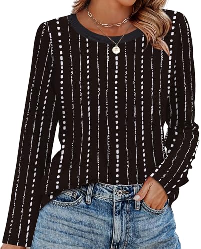 WIHOLL Womens Striped Long Sleeve Shirts Fall Outfits 2025 Color Block Tops Fashion Clothing Ribbed Crewneck Tee Blouses2