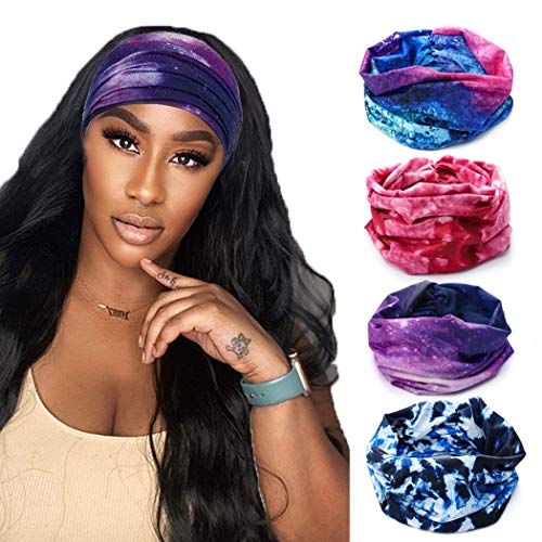 CAKURE Extra Wide Headbands Tie Dye Turban Head Wraps Boho Stretch Hair Bands Cloth Headband African Hair Bandeau Elastic Yoga Head Scarf Fashion Head Bands for Women and Girls Pack of 4