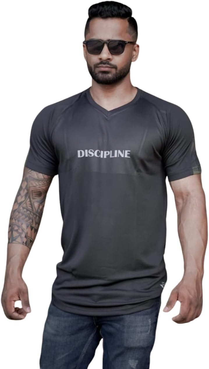 Men’s Polyester Printed T-Shirt Discipline Front Print with Camouflage Back | Quick Dry Sports Tee | Casual Gym Fitness Running Activewear