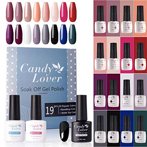 Candy Lover Gel Nail Polish 19 PCs Set, 16 Popular Colors Base Top