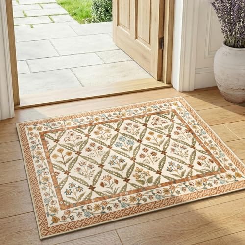 jinchan Haden Entryway Rug 2x3 Vintage Floral Washable Rug for Entrance Soft Non-Slip Low Pile Door Mat for Doorway Kitchen Bathroom Small Carpet Cottage Indoor Decor Terracotta