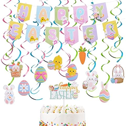 BOFUNX Easter Decoration Sets- Happy Easter Banner + 16Pcs Easter Hanging Swirls Decorations + Happy Easter Cake Topper for Easter Party Home Garden Decor Cover