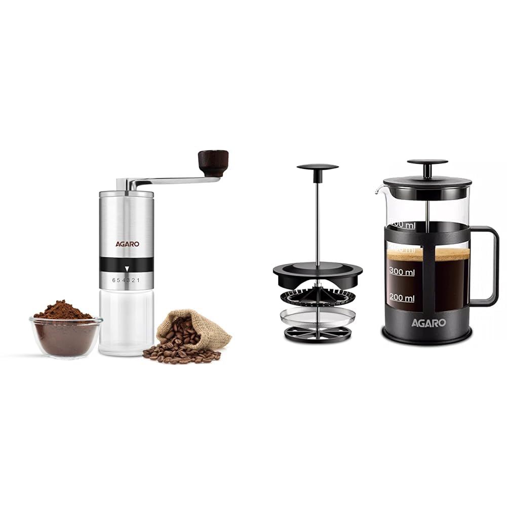 AGARO Elite Coffee Plus | Manual Grinder + Delite Press (600ml) | Borosilicate Glass | BPA-Free Parts | for Home Use | Clear/Steel | Quality Tested