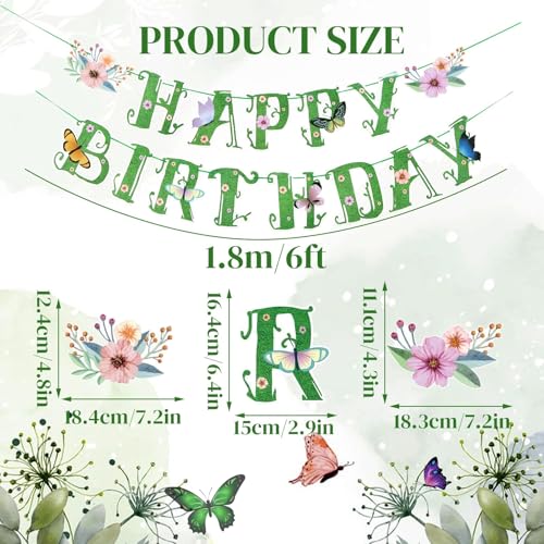 Image of SUNBEAUTY Wildflower Happy Birthday Banner Green Spring Butterfly Flowers Party Banner Floral Birthday Decoration Spring Butterfly Birthday for Women Girl Baby Shower Garden Tea Fairy Party Supplies | Pre-Strung