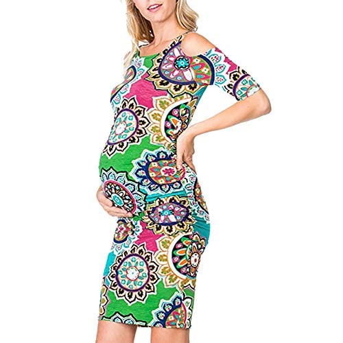 WorldCare® Women Pregnant Nursing Cold Shoulder Gearwh Print Maternity Dress Soft C