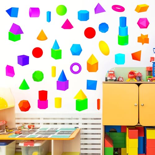 Colorful Shapes Wall Decals Geometric Pattern Wall Stickers Color Shape Decals 3D Basic Shapes Stickers Multicolor Shaped Pattern Wall Stickers for...
