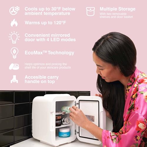 Image of Cooluli Glow 4L Mini Skincare Fridge with Mirror & LED Light - Small Refrigerator for Skin Care, Beauty, Makeup, Cosmetics, Food & Drinks, White