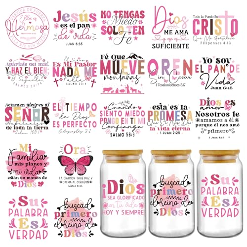 Español Biblia UV DTF Stickers - 20 Sheets Su Palabra ES Verdad Cristianismo Inspirational Quotes UV DTF Cup Wraps for 16 oz Glass, Pink Butterfly Flowers Transfer Sticker DIY Mug Decals Decoration
