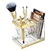 mDesign Plastic Toothbrush and Toothpaste Storage Organizer Holder - Home Decor for Bathroom Countertop - Holds Toiletries and Beauty Accessories - Lumiere Collection - Clear/Soft Brass