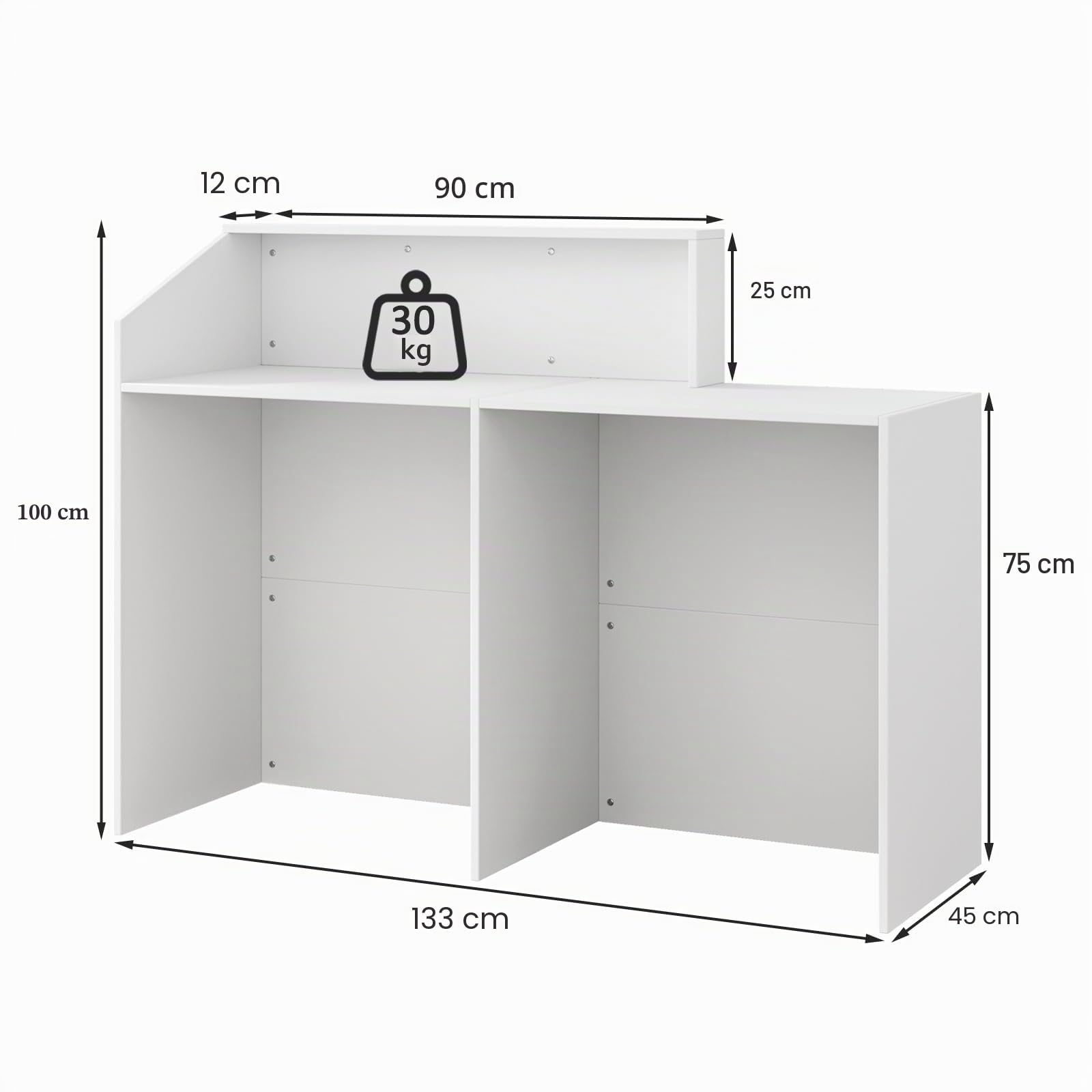 Mostrador de recepción blanco 133 x 45 x 100 cm, mostrador de recepción, mesa de recepción con gran superficie de trabajo, mostrador de oficina, mostrador de efectivo, mesa de recepción, simplicidad