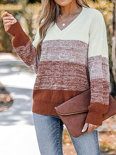 Image of CUPSHE Women Sweater Striped V-Neck Tops Long Drop Sleeve Pullover Casual